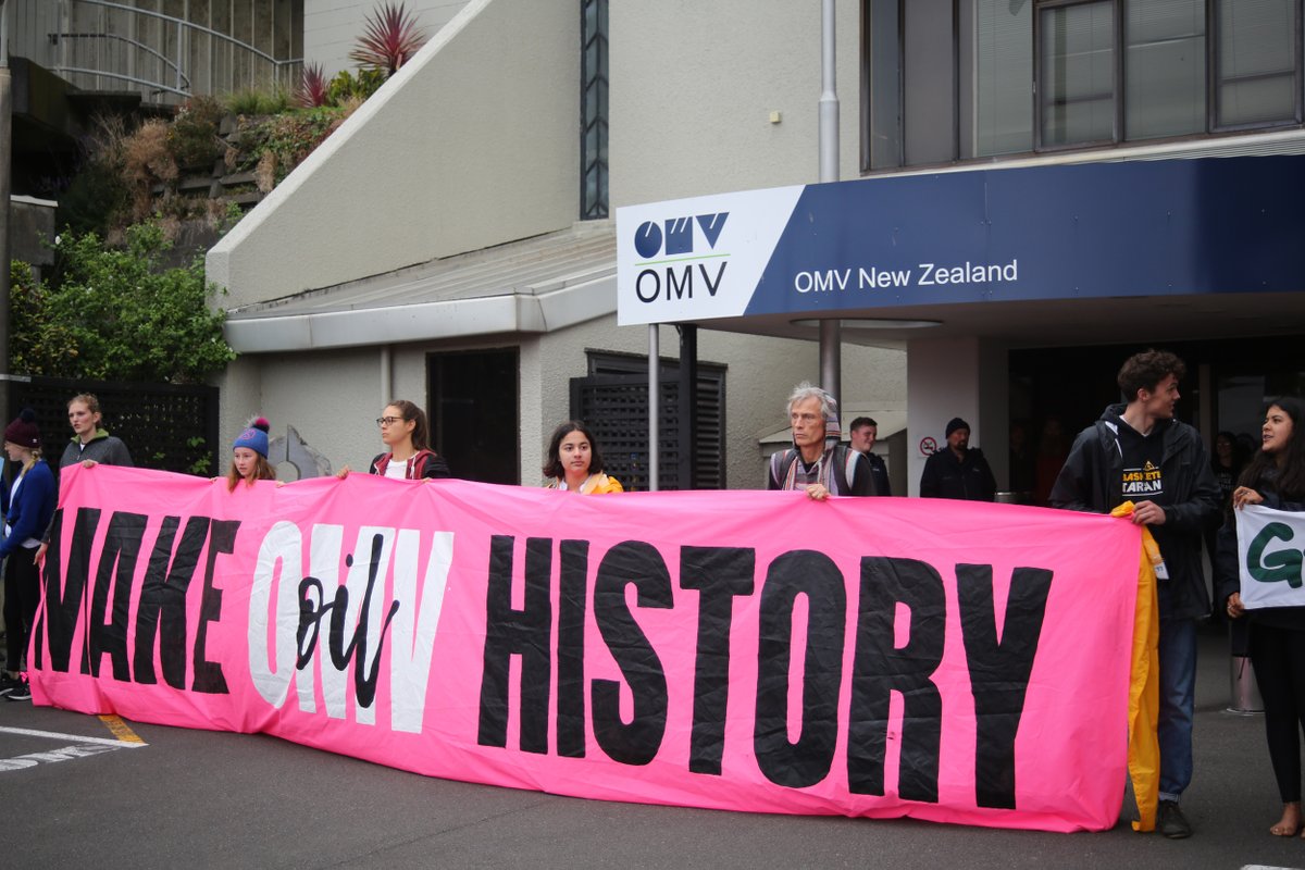 GreenpeaceNZ's tweet photo. BREAKING: Around 100 people from Greenpeace, School Strike 4 Climate, XR, and Climate Justice groups have occupied the front of @omv's office in New Plymouth this morning, in protest at their continued search for oil and gas in Aotearoa. Its time to GTFO!

#climateuprising https://t.co/1nOr0fHczm