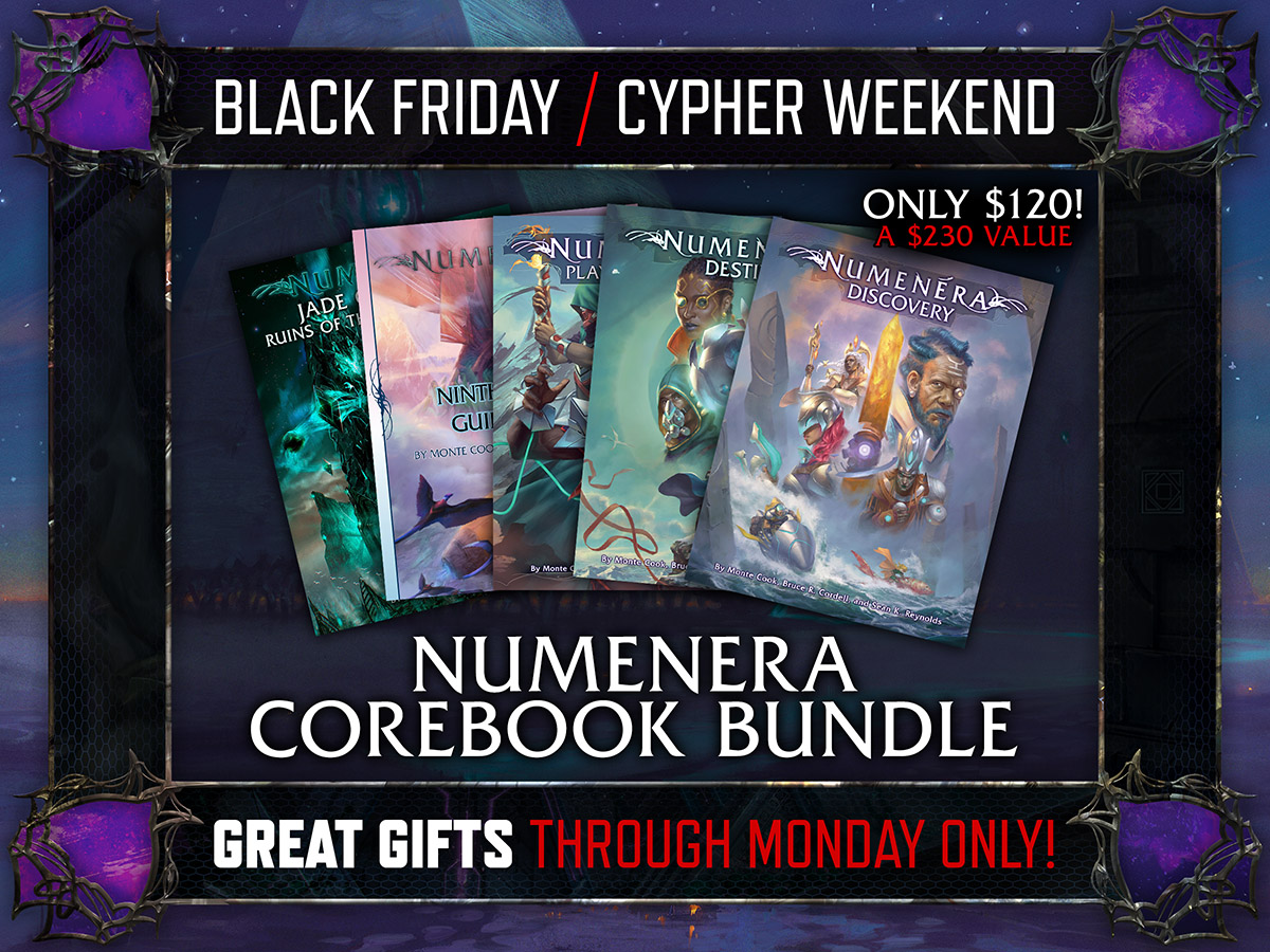 MonteCookGames's tweet photo. The #Numenera Corebook Bundle discounts the Corebook Slipcase Set, Player's Guide, Ninth World Guidebook, & Jade Colossus to just the price of the slipcase set!
#CypherWeekend deals across all of our product lines end on #CyberMonday—don't wait:
https://t.co/FSJ9QiPWVG https://t.co/Bh5tKeHxWu