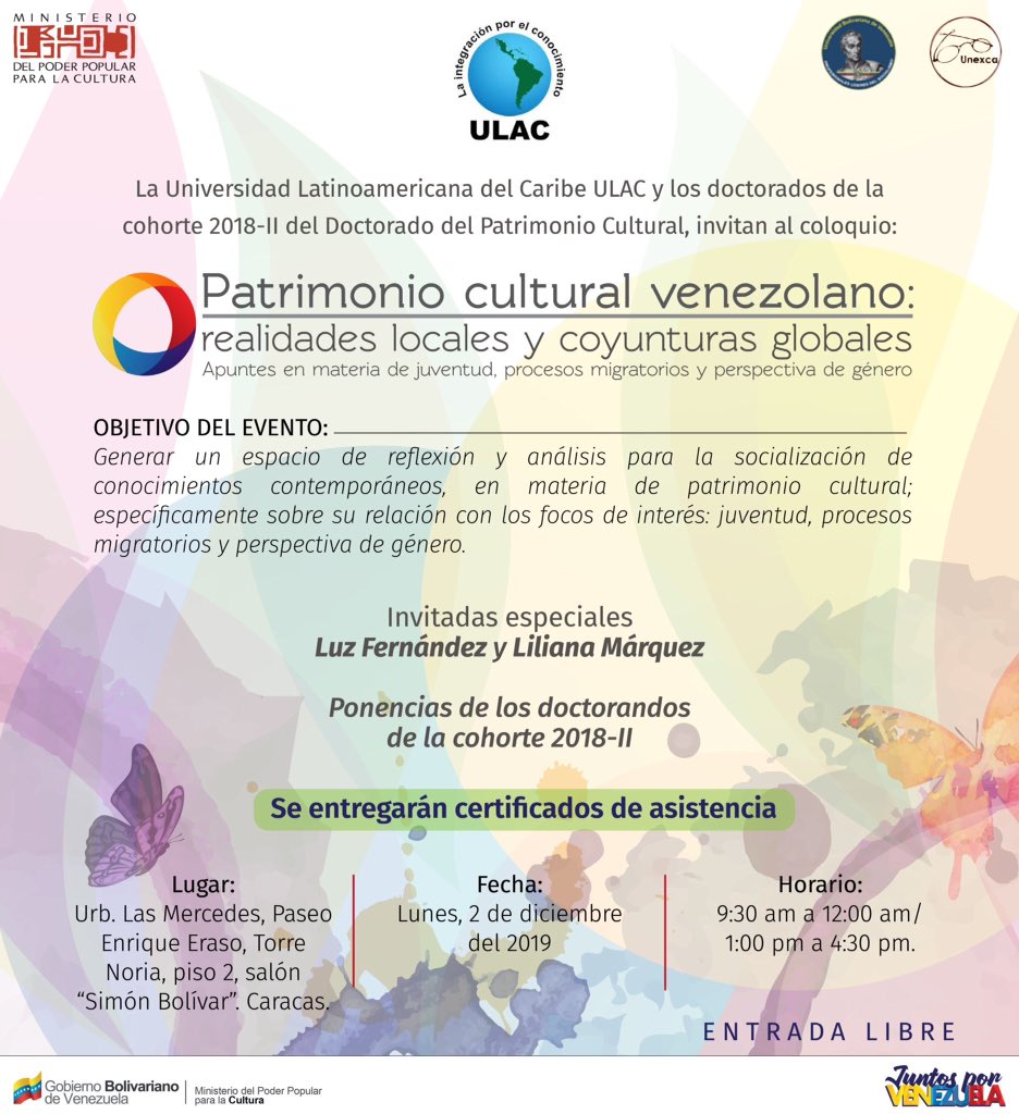 Busbastis's tweet photo. Lunes 2 de diciembre, reflexión y análisis para la socialización en materia de patrimonio cultural con focos de interés: juventud, procesos migratorios y perspectiva de género. Cordialmente invitados. Entrada libre! #ULAC #LasMercedes @ubv @UNEXCA_ve @minculturave https://t.co/y9LjkQcTjS