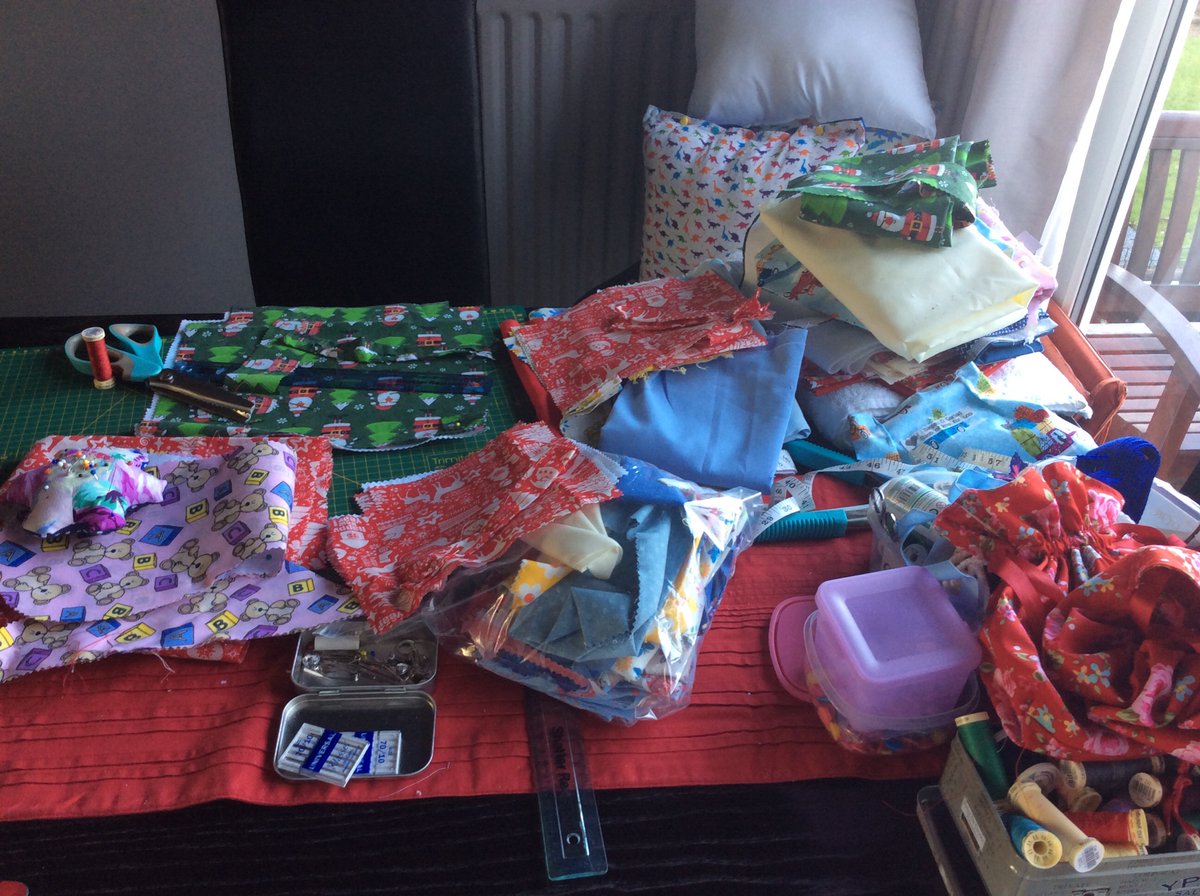 BGariad's tweet photo. @TheoPaphitis #sbs 
Stockings for filling, gift bags for gifting, foldaway bags for keeping in your bag, totes, all sorts of goodies being put together on my dining room table 
#plasticfree #ecofriendly #microbusiness https://t.co/x2Fo1Qauig