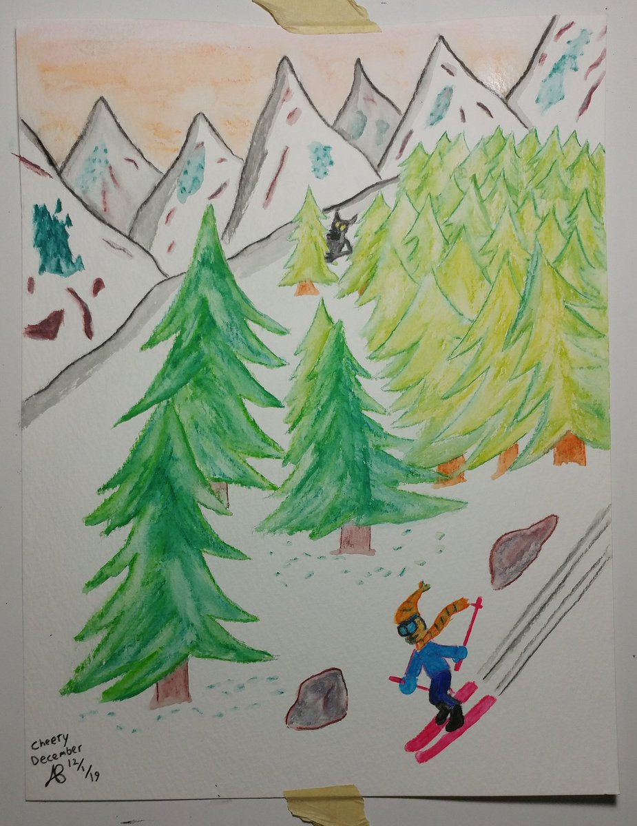 Let's start off this Cheery December with some skiing in the snowy mountains. #cheerdecember #skiing #watercolorpencil #skifree #babeldoodle #steampony #steamponydesign
