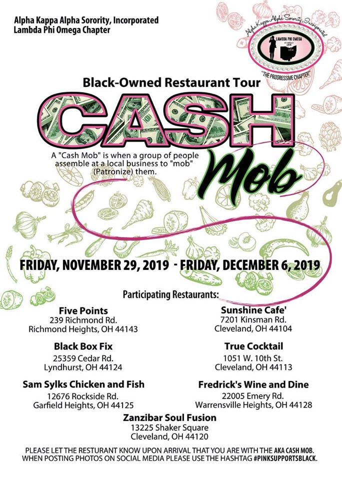 Please join members of Lambda Phi Omega for The AKA Cash Mob this week. We are asking the community to show support to seven local black-owned businesses by patronizing their restaurants. For more details, please see below. #ACES #theprogressivechapter #PinkSupportsBlack