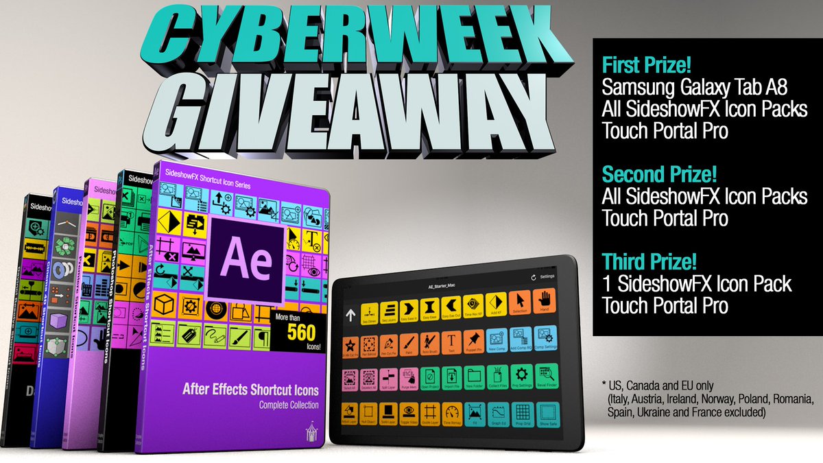 sideshowfxtwit's tweet photo. >>>CYBERWEEK GIVEAWAY<<<

- ✅Follow @sideshowfxtwit and @touch_portal on Twitter
- ⚡️Tag 3 friends
- 👍Like and 🔄Retweet this Tweet

Winners will be announced Saturday Dec 7
#giveaway #giveawaytime #win #tablet #gift #free #video #cybermonday #christmas #youtube #art https://t.co/GDh0FNdArA