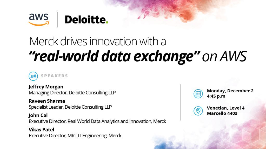 DeloitteOnTech's tweet photo. At #reInvent, we're sharing a behind the scenes look at how @Merck deployed a data and analytics platform to advance product development and commercialization. See you there! https://t.co/3w1EYwbTrw https://t.co/W96soFuMEp