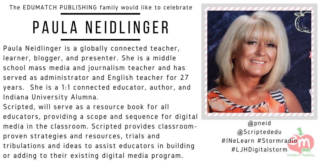 EdumatchBooks's tweet photo. Please help us welcome @pneid! We are so excited as Paula is working on an amazing, super practical book on creating media in the classroom! Welcome to the #EduMatch family!
#INeLearn #Stormradio #LJHDigitalstorm #studentvoice #STN #IBSRadio #WeVideo #TriCaster #backbonenetwork https://t.co/Oh9ba4WnqW