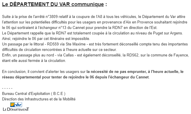 Conseils de prudence suite à fermeture autoroute A8
