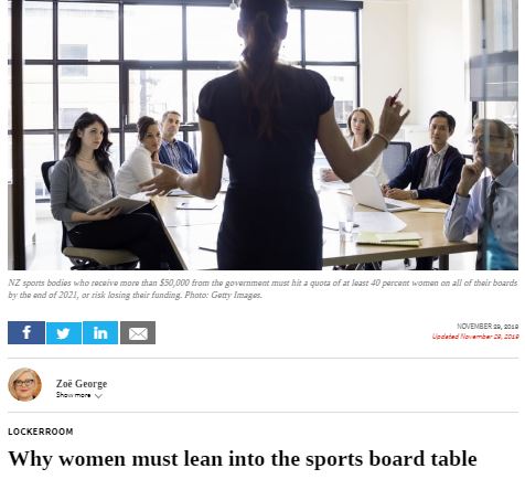 Very interesting article by Zoe George of Radio New Zealand “Fair play” podcast and LockerRoom on the targeted quota for female representation on sports boards by 2021.

#womeninsport #equityinsport

newsroom.co.nz/@lockerroom/20…