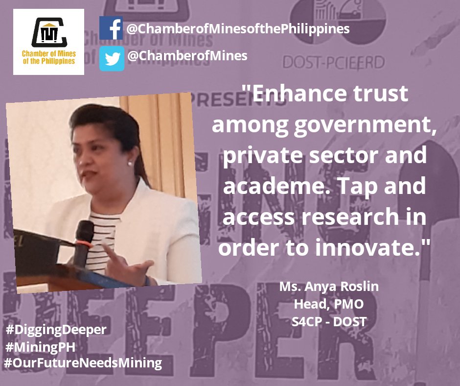 Ms. Anya Roslin presented research and development initiatives under the Science for Change Program (S4CP). She highlighted how research and innovation will help mining companies stay on top of their game. <a href="/dostpcieerd/">DOST PCIEERD</a>

#DiggingDeeper #OurFutureNeedsMining #MiningPH