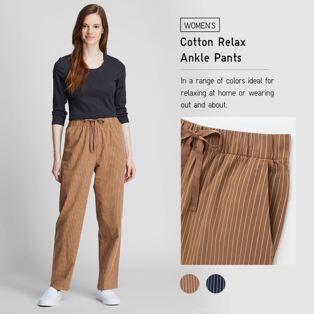 UNIQLO Philippines on X: Stay comfy and relaxed throughout your day with UNIQLO's  Cotton Relax Ankle Pants. These bottoms feature 100% cotton slub fabric and  a versatile design ideal for wearing in