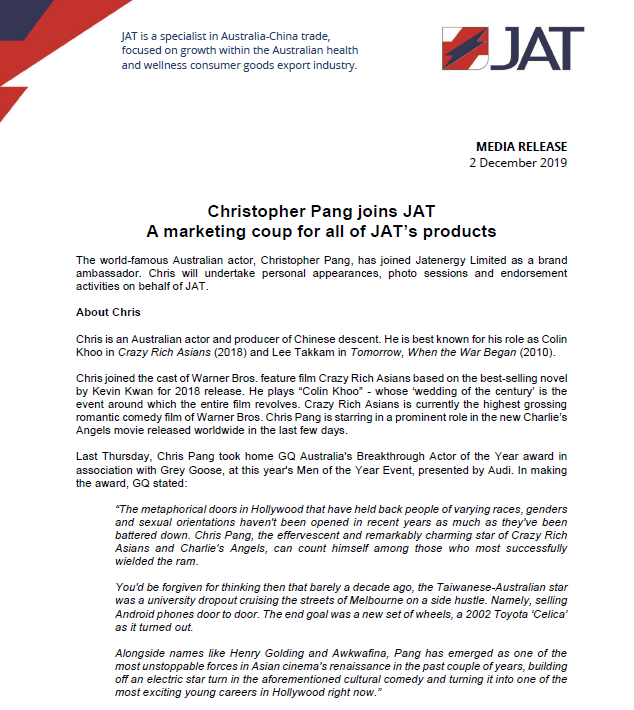 Jatenergy's tweet photo. Christopher Pang joins JAT: A marketing coup for all of JAT’s products: https://t.co/PbHeSIRmM1 https://t.co/LIMhAFTVyb