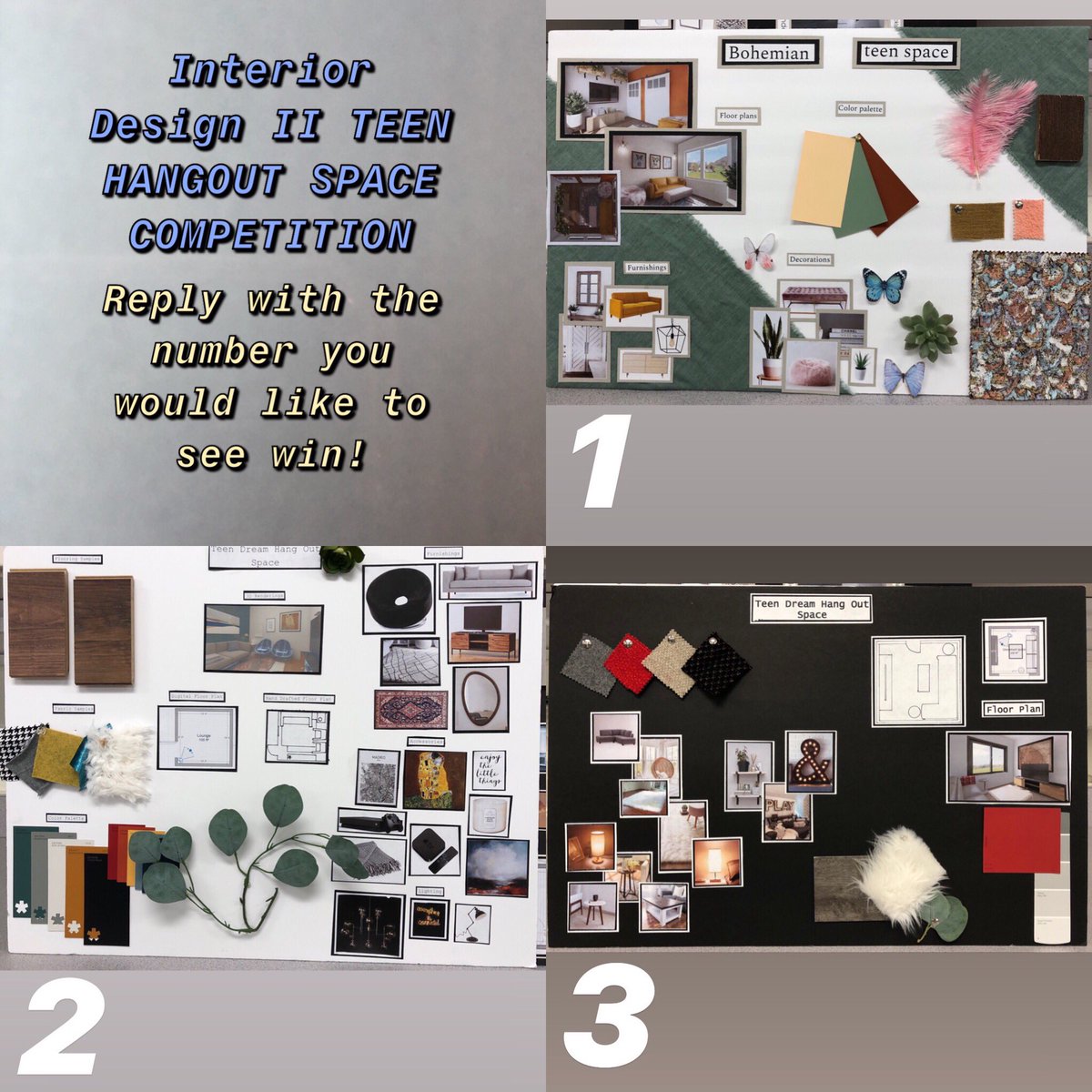 os_faid's tweet photo. Interior Design II needs your help! Help us decide which project should be turned into a REAL teen hangout space. Reply with the number of the project you are voting for by 9am tomorrow!! https://t.co/bLtu8rNeXz