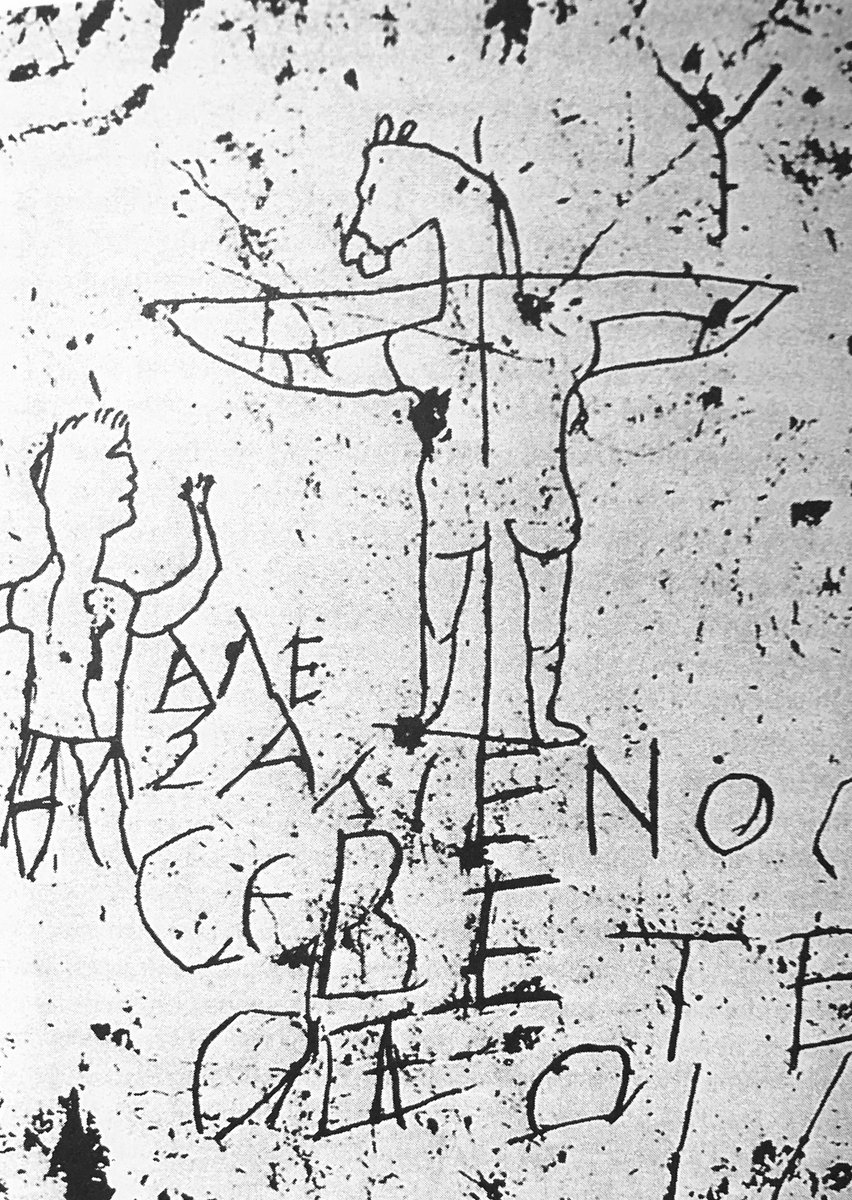 A pagan mockery of Christianity from the firs half of 3rd cent. A.D.  Here Jesus has a head of an ass, and Christians were accused of adoring an ass.  #3rdCentGraffiti  #Jesus #EarlyChristianity