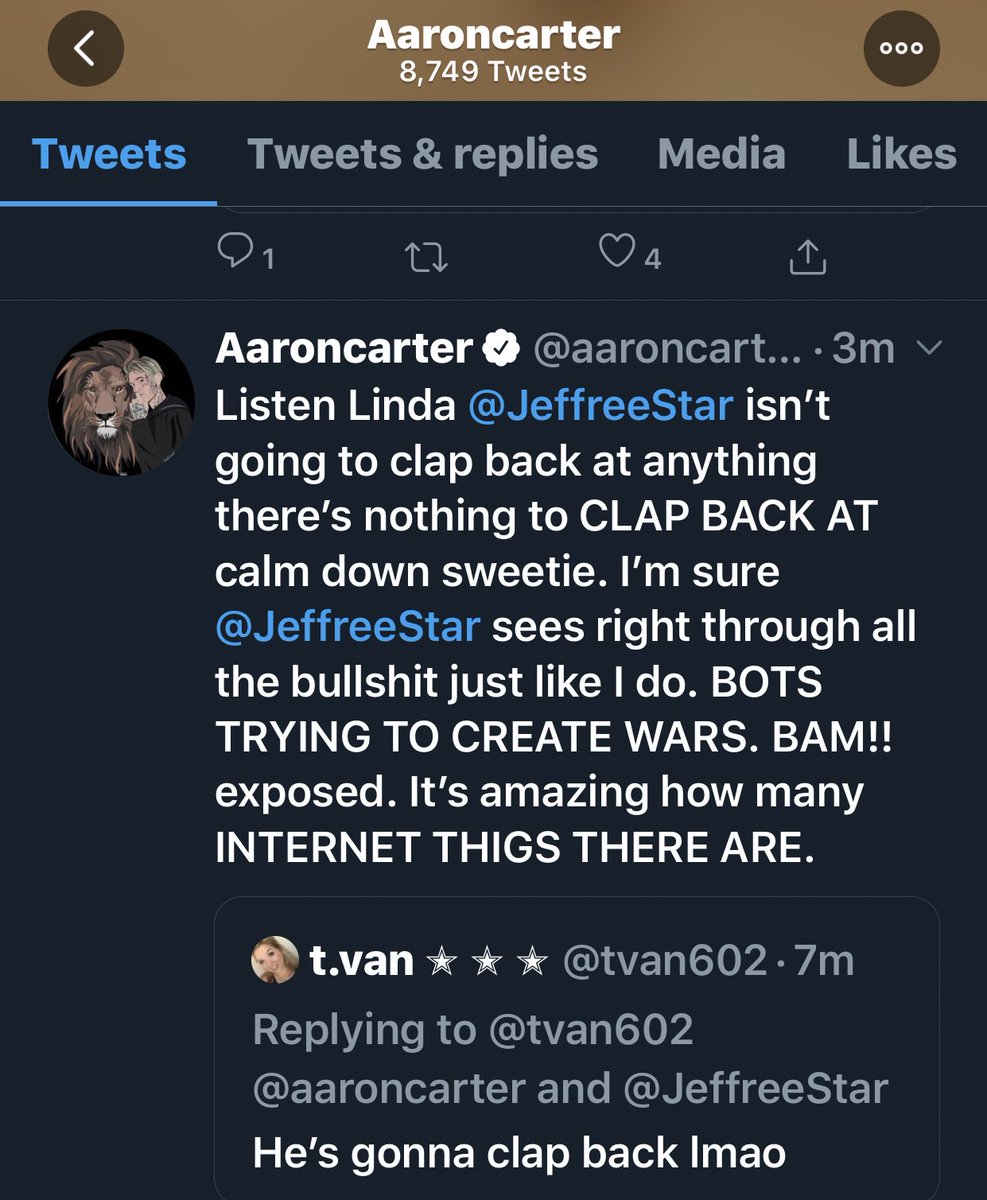 Biddyone11's tweet photo. Seemingly taunting #jeffreestar @JeffreeStar , #aaroncarter states, “Jeffree Star isn’t going to clap back at anything!” After Aaron calls Jeffree out saying his merch looks identical to his and saying, “tsk tsk”. https://t.co/J5ayPbSNQc