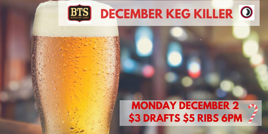 BurgerTapShake's tweet photo. Calling all #beer lovers! C'mon by at 6 TOMORROW for $3 drafts &amp; $5 ribs at our Nov #KegKiller! Info: https://t.co/A2B8Q7B8g5 https://t.co/CrjMOUpt80