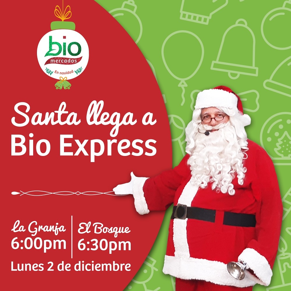 BioMercadosVe's tweet photo. Santa llega este lunes a nuestras tiendas #BioExpress para alegrarnos a todos con el espíritu navideño. 🎄

Los esperamos en Express La Granja a las 6:00pm y Express El Bosque a las 6:30pm.

Recuerden que la magia está en @biomercadosve donde estamos #InspiradosenServir 💚🎁 https://t.co/4Sojs7FZLk