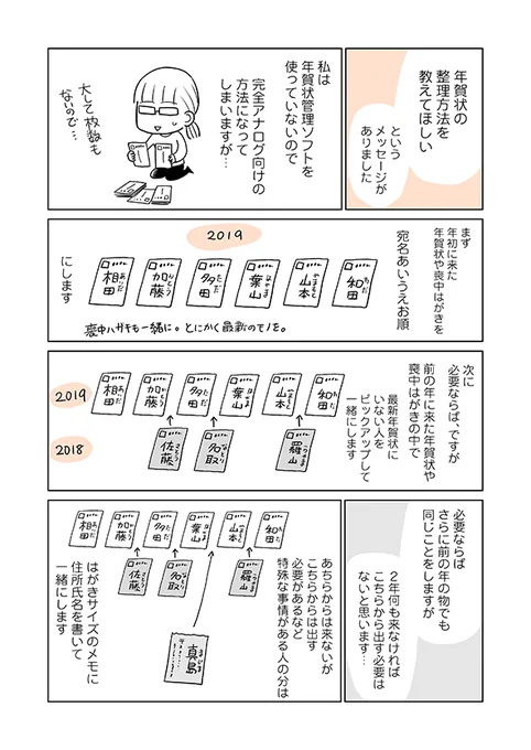 【ブログ漫画再掲】
年末なので年賀状の管理の仕方についてです。
私はPCを使うほど枚数がないのでこの方法で管理しています。

ポイントは「残したい昔の年賀状と、最新住所管理のための年賀状は別にすること」です。 