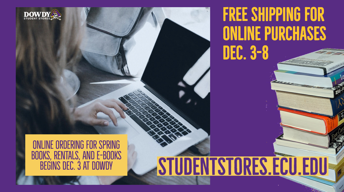 ECUDowdy's tweet photo. Every Pirate loves a FREE SHIP! ☠️ Get free shipping of your Spring 2020 book purchase when ordering online @ECUDowdy Dec. 3-8.  https://t.co/0LKWko8BR6 Orders processed Dec. 9. #ECU #ECU23 #ECU22 #ECU21 #ECU20 #ECUParents #ECUProfessor #ECUSGA #ECUGreeks https://t.co/AOe9KL0XlG