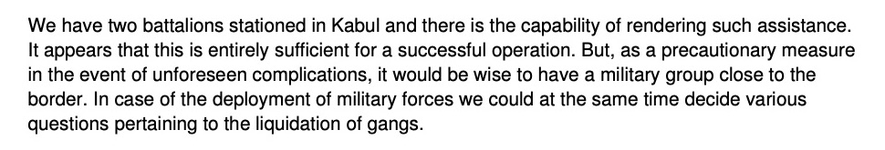 Andropov intentionally downplayed the scale of the Soviet military involvement, and falsely gave the impression that it would be the Afghans themselves that would overthrow Amin, with a Soviet contingency force being stationed along the border simply as a “precautionary measure.”