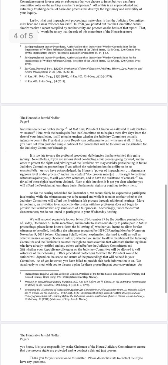 Acosta's tweet photo. WH tells Nadler it will not participate in Dec 4 hearing... https://t.co/LLowiNs9Pj
