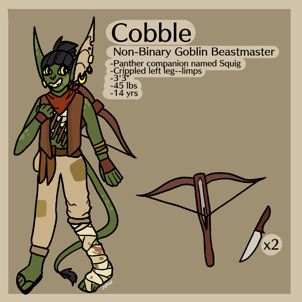 second kid, a young goblin ranger beastmaster named cobble they mostly  improvise weapons, but they do have both a crossbow and two daggers they  travel around with ixen, hunting down dangers on, image size:1200x1200