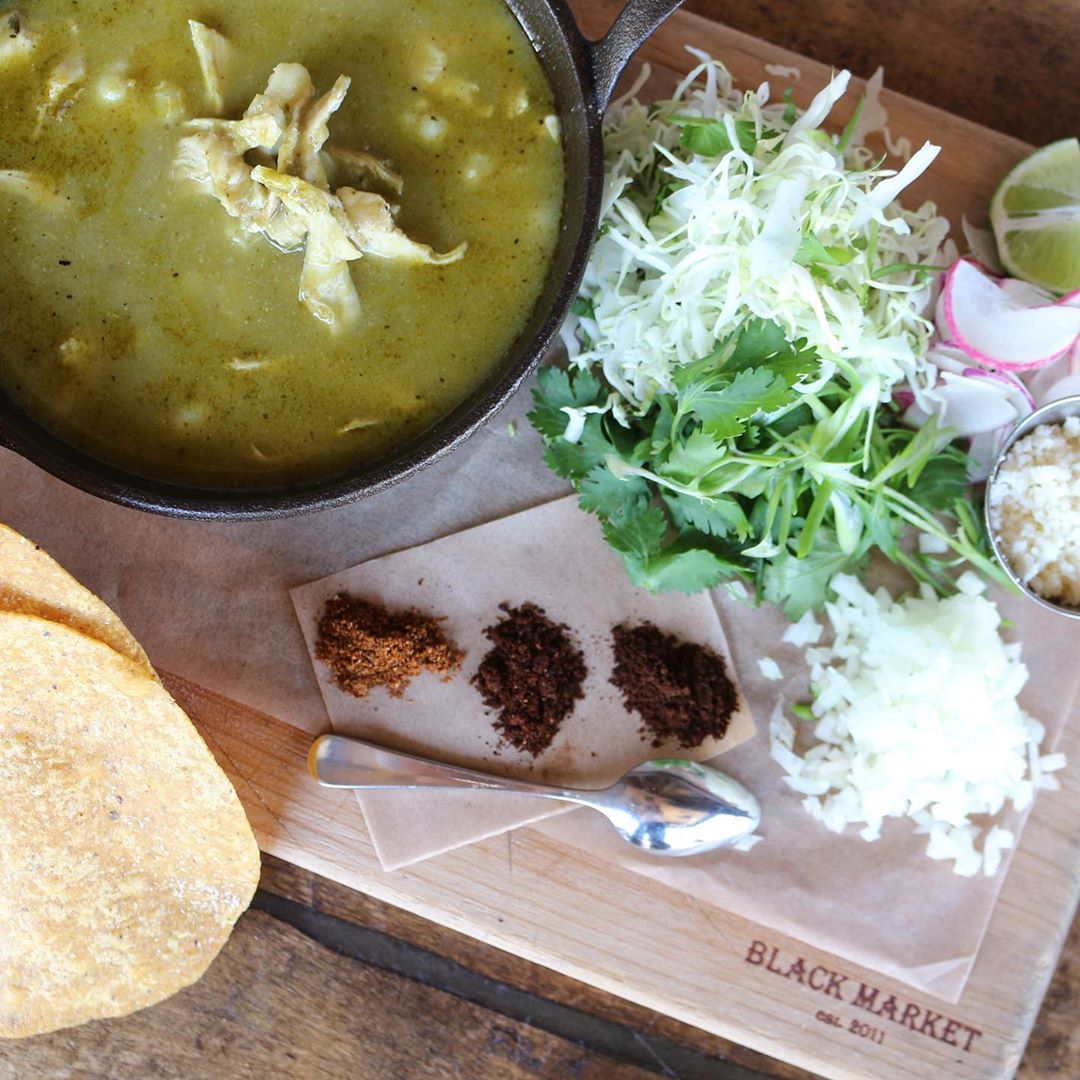 Organic Chicken Pozole with hominy, scallions, avocado, cotija, oregano &amp; lime.🌶🥑🌱