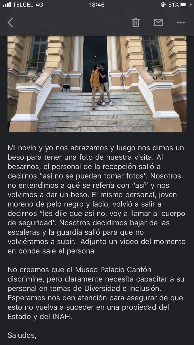 escandalamx's tweet photo. Paolo Pérez @Ay_Paolo y su novio Alan Gilbert andan de paseo en Mérida, Yucatán 🇲🇽
Por desgracia al visitar el @palaciocanton tuvieron una mala experiencia😒
Ya pusieron su queja ante @CONAPRED y nos la comparten 👇
Ccp @alefrausto @cultura_mx
@INAHmx @dprieto_ 
#AmorEsAmor https://t.co/tjcjkKbDdd