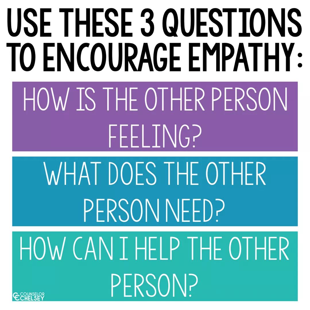 SELearningEDU's tweet image. Use these 3 questions to encourage empathy via the Counselor Chelsey Facebook page. #SEL #empathy #edchat