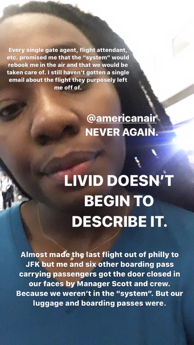 ChloeGbai's tweet photo. @AmericanAir are you read for me to tell you the names of the five employees who failed me today? Your system not included. At one point philly manager Scott said it was OUR fault that you lost SIX passengers. https://t.co/VKHV6xg3GE