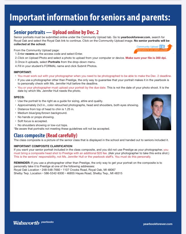 Attention seniors Senior portraits are due tomorrow. Below you will find how to upload your portrait if you didn’t use Prestige.