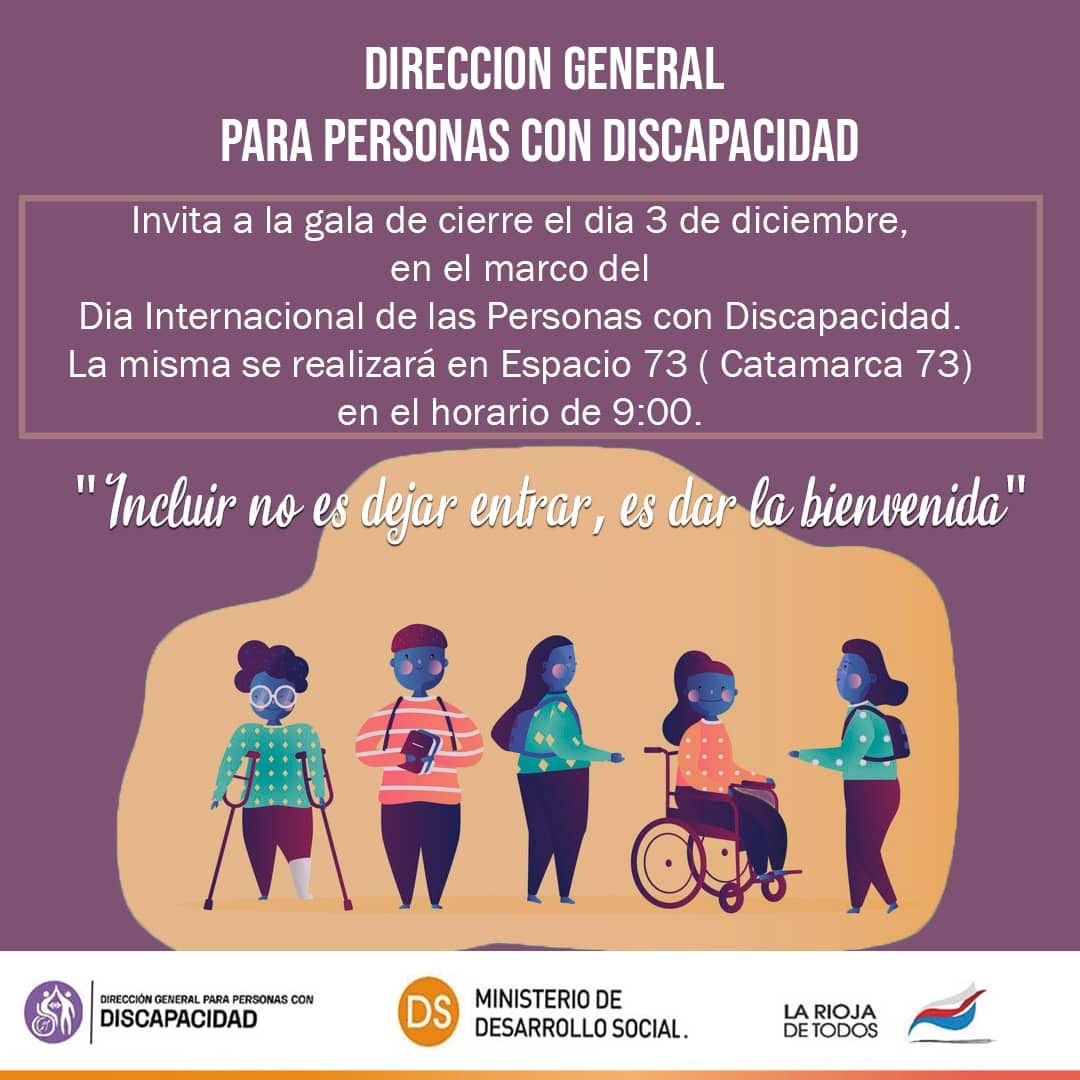 Discapacidadlr's tweet photo. 03/12 
DIA INTERNACIONAL DE LAS PERSONAS CON DISCAPACIDAD
En el marco del 👉Día Internacional de las Personas con Discapacidad realizamos nuestra Fiesta de Fin de Año 2019. 📆Día: 03/12. Lugar: Espacio 73.⏰ Horario: desde las 9hs.
¡No te la pierdas! Entrada libre y gratuita♿️ https://t.co/zdD0LjEFOZ