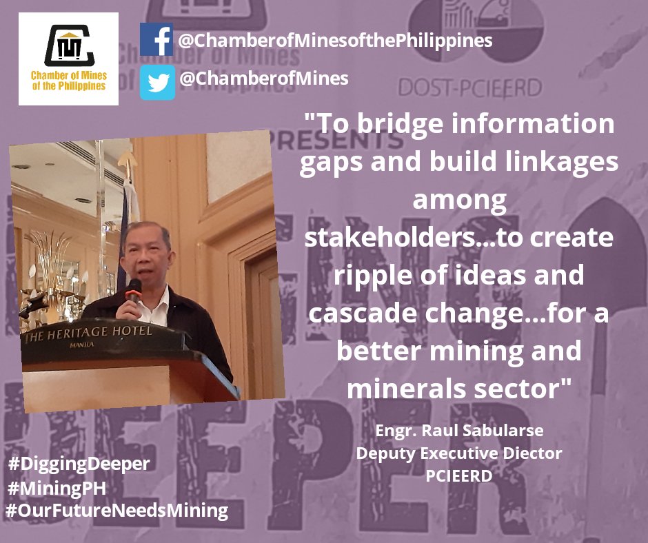 Engr. Raul Sabularse welcomed guests and participants of the 4th #DiggingDeeper Lecture Series. He expressed his excitement for the presentations of new research studies on alternative ways to utilize mine waste.

#ChamberofMinesPH #OurFutureNeedsMining #MiningPH