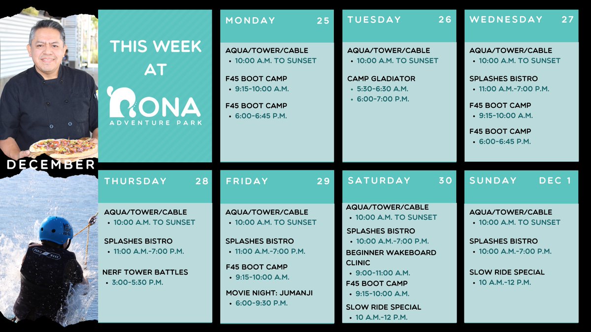 Nona_Adventure's tweet photo. Here's what we have going on this week at Nona Adventure Park!
Event details can be found here: https://t.co/o9CagAG5Pu
#weekly #events #promotions #NonaWake #SplashesBistro #AquaPark #ClimbingTower #Nerf #JUMANJI #NonaAdventurePark #LakeNona https://t.co/8jfRFuldJr
