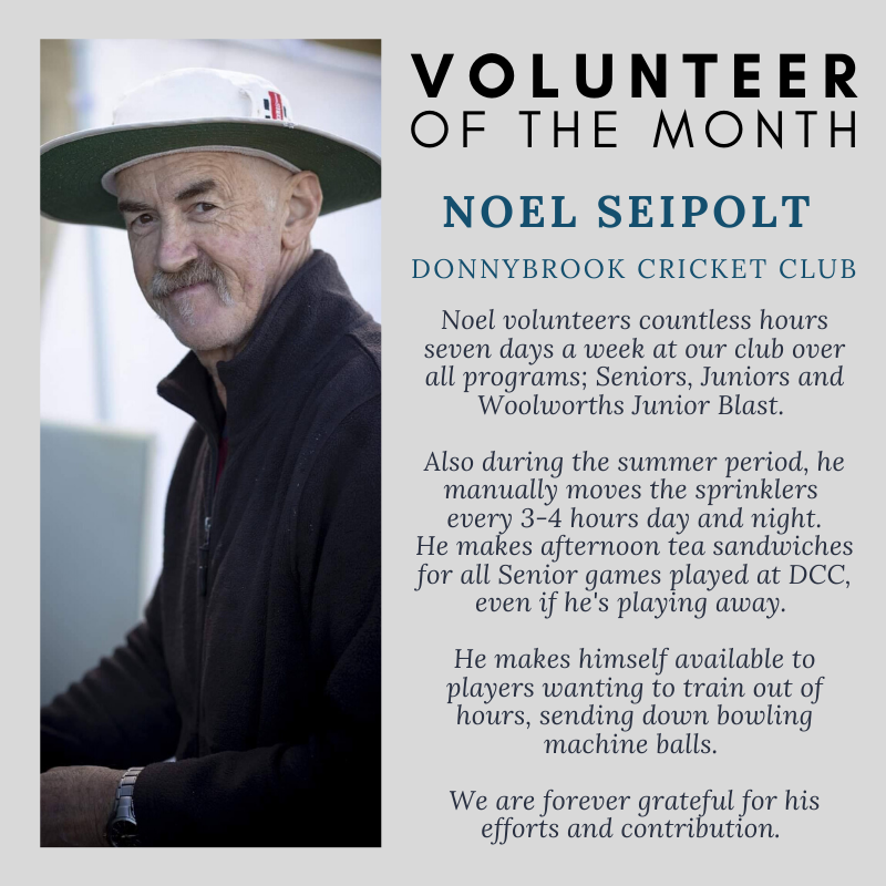 Congratulations to Noel Seipolt from the Donnybrook Cricket Club on winning the VOLUNTEER OF THE MONTH for November. 

Enter a submission to recognise someone who does a great job at your club or association here: cricketvictoria.wufoo.com/forms/zmmxme40…