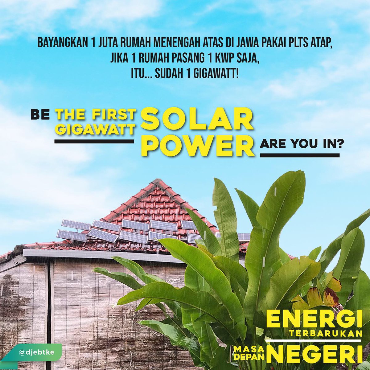 djebtke's tweet photo. Menjadi bagian dari 1 juta Gigawatt pertama dari energi surya.
Kuy, Selamat Pagi!
#PLTSRooftop
#PLTS
#solarenergy https://t.co/XqAgmcMkX1