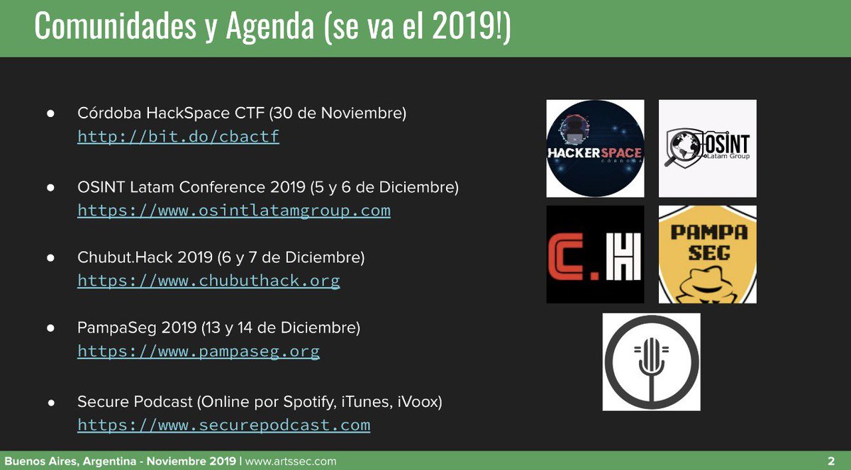 MaxiSoler's tweet photo. Comunidades y Agenda 🗓 para lo que queda del año. Se va el 2019!
✅ @cbahackerspace CTF (30/Nov)

Diciembre:
- @OSINTLatamGroup (5 y 6)
- @HackChubut (6 y 7)
- @PampaSeg (13 y 14) https://t.co/lWbu4CFJMb