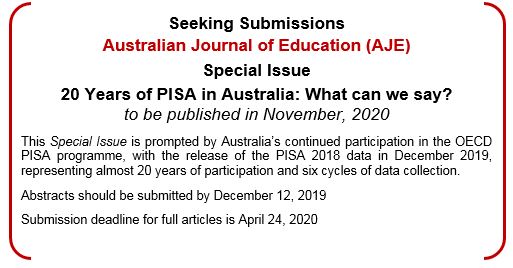 CALL FOR PAPERS NOW OPEN! Special Issue of the <a href="/AusJournalEd/">AJE</a> - 20 Years of PISA in Australia: What can we say? Further information here: cunningham.acer.edu.au/inted/PISA_Aus… <a href="/acereduau/">ACER</a> @SAGE_EdResearch <a href="/DrSueThomson/">Sue Thomson</a> <a href="/DRutkowski_EDU/">David Rutkowski</a> <a href="/OECDEduSkills/">OECD Education</a> <a href="/SchleicherOECD/">Andreas Schleicher</a> <a href="/dr_dan_c/">Dan Cloney</a> #Retweet #OECDPISA