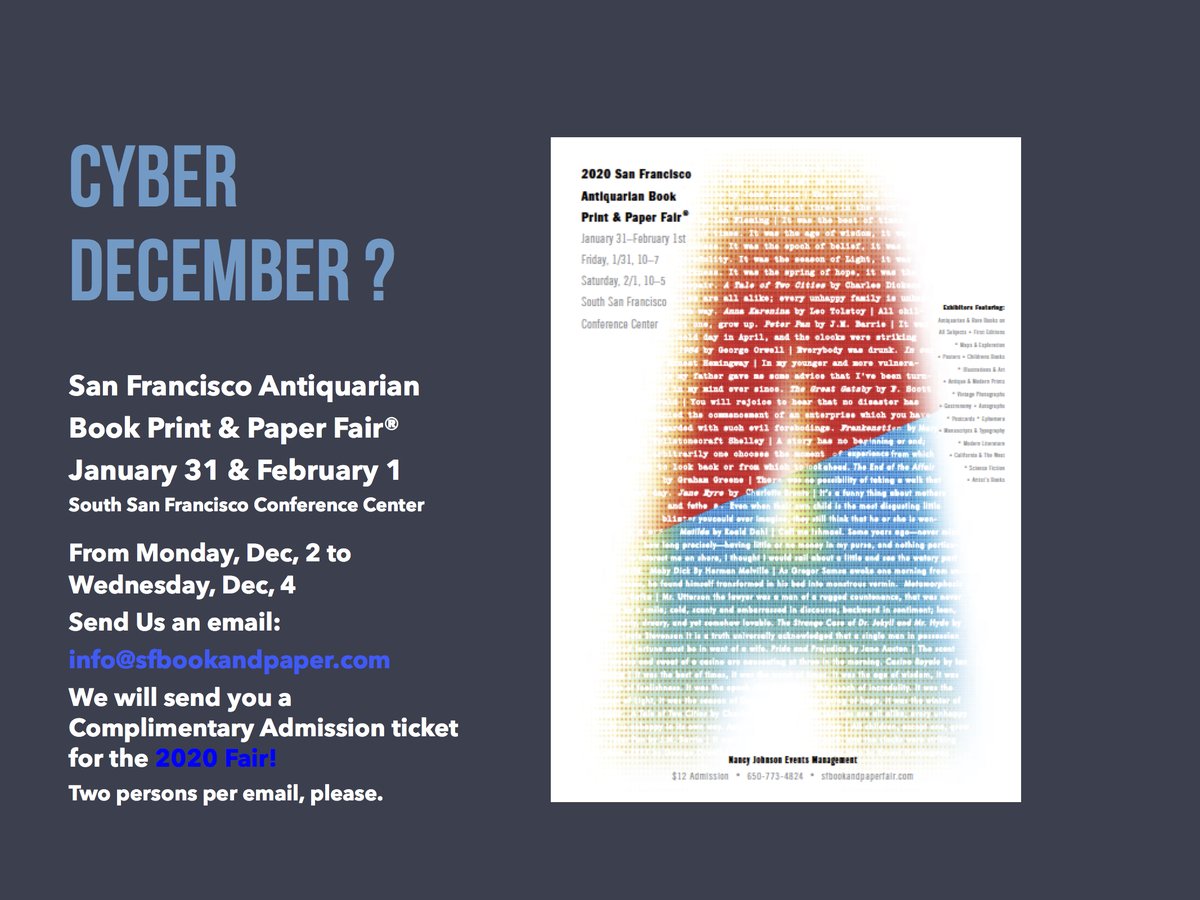 SFBookPaperFair (@sfbookpaper) on Twitter photo The Annual Fair "we like technology just a little bit, but we like real books more". Send us an email for complimentary tickets for the Fair, info@sfbookandpaperfair.com The Annual Fair "we like technology just a little bit, but we like real books more". Send us an email for complimentary tickets for the Fair, info@sfbookandpaperfair.com