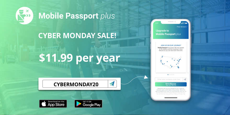 mobpassport's tweet photo. Upcoming int'l trip? Mobile Passport plus is 20% off today! Use the code to upgrade when you open the app, then easily scan and store your passports (yes, for the whole family) so you can zoom through U.S. customs.  #CyberMonday #MobilePassport #SaveTime #AirsideMobile https://t.co/wiRmmTbUt4