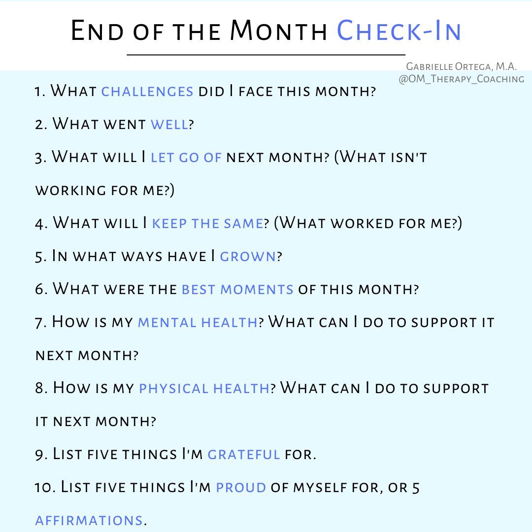 It’s end of the month check-in time! Use these journal prompts to reflect on how this last month went, and how you’re feeling now. This is how we build self-awareness and intention 👇🏼✨ 

#mentalwellness #buildinghappiness