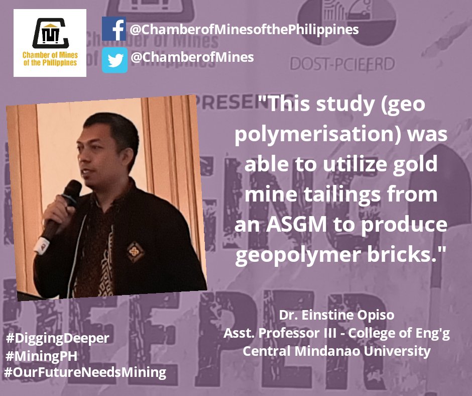 Dr. Einstine Opiso presented the result of their geopolymerisation study, the geopolymer brick, a by-product from mine tailings. <a href="/dostpcieerd/">DOST PCIEERD</a> 

#DiggingDeeper #OurFutureNeedsMining #MiningPH