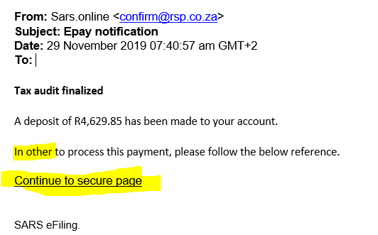 fincoachsa's tweet photo. The number of scam emails claiming to be about SARS refunds is on the rise - watch out, dont be tempted to click on the link.  @sarstax https://t.co/ftUr7x1nja