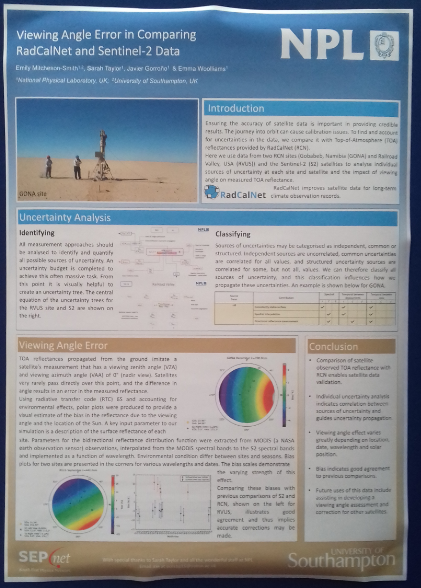 EmmaWoolliams's tweet image. Last summer, Emily Mitcheson-Smith, an UG from Southampton Uni spent two months with us as part of the #SEPNet summer placement scheme looking at the uncertainties for off-nadir viewing angles of #RadCalNet. Last week she was one of the winners of the SEPNet poster competition.