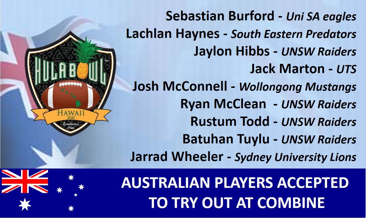 Hula_Bowl's tweet photo. Congratulations to the Australian Combine Invites!! 

#hulabowl #hulabowlhawaii #australian #combine #collegefottball #invites https://t.co/OFOPsUd3mG