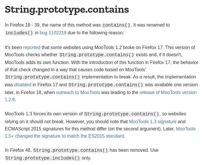 yogesnsamy's tweet image. Do you know &quot;contains&quot; is deprecated in #Javascript? 

It&apos;s replaced by &quot;includes&quot; because of a naming conflict on #Firefox &amp;amp; #MooTools. 

I didn&apos;t know this til today. The learning never ends!

#100DaysOfCode #CodeNewbie 

Source: developer.mozilla.org/en-US/docs/Web…