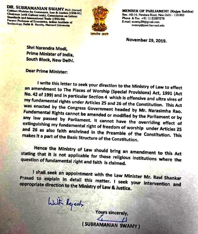 HinduDharma1's tweet photo. Dr Subramanian @Swamy39 
Writes Letter To PM @narendramodi Urging Amendment in Places of Worship Act of 1991 as Act is Against Fundamental Right of Freedom of Worship. @PMOIndia #Hindutva #Kashi #Mathura #RamMandir @jagdishshetty @vhsindia https://t.co/C2eypvla8h