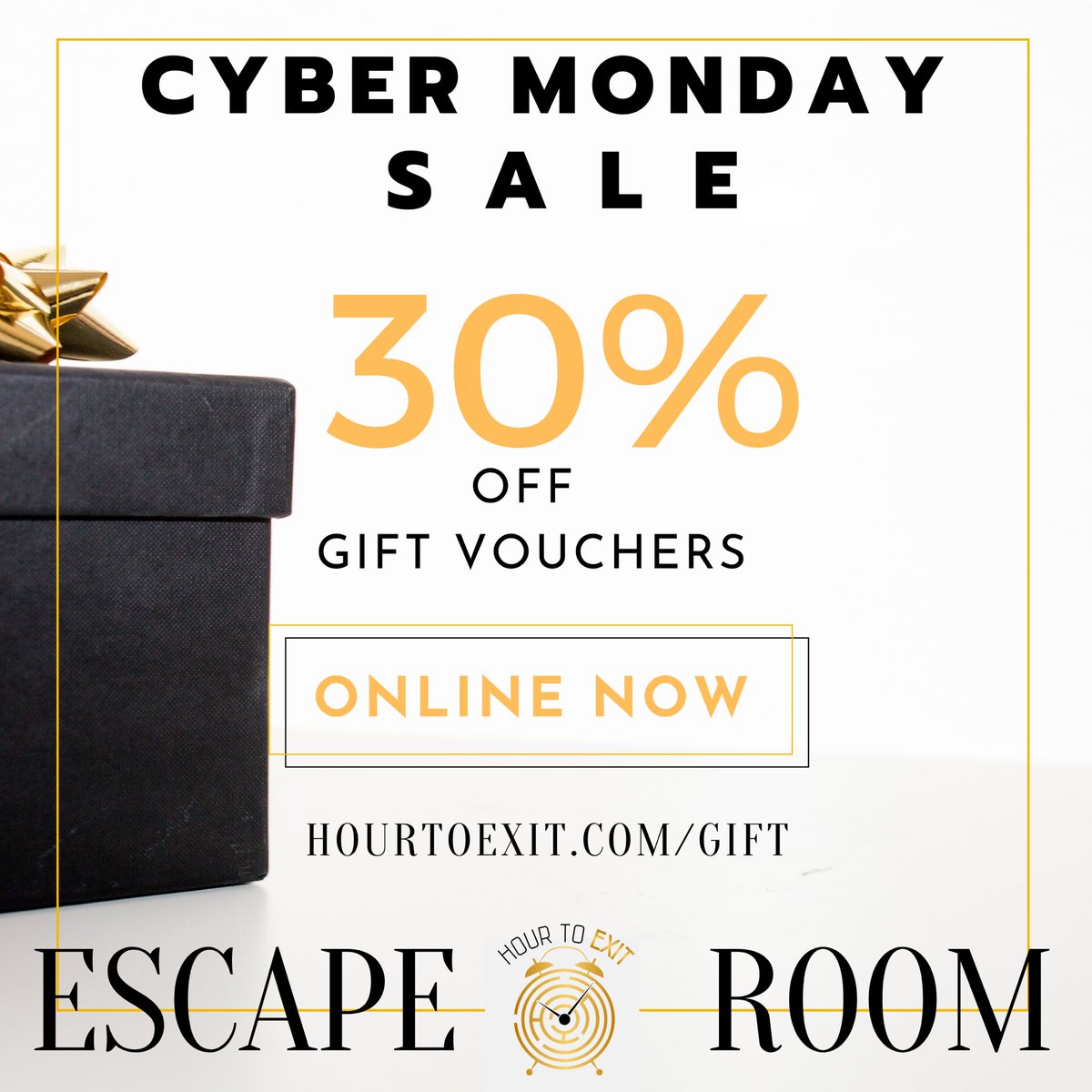 Escape Room 30% off gift cards. 😱 Give a FUN gift this year that will get their brains moving! It’s super easy, go to hourtoexit.com/gift purchase and print or email. 🙌🏾  No stores, no lines, no headache. Done! #escaperoom #CyberMonday2019