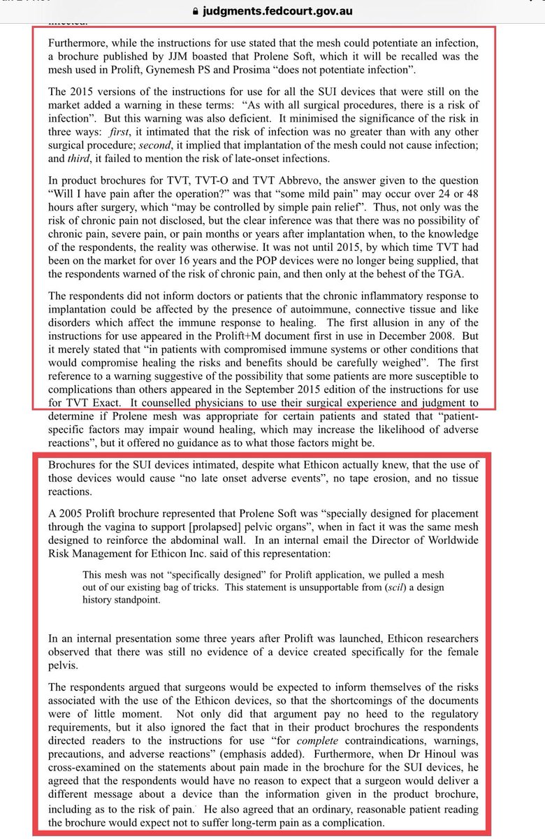 <a href="/YorkLawLondon/">🇬🇧Bridgette York 💙#PatientExperience Research</a> @NeilFindlay_MSP <a href="/AlexNeilSNP/">Alex Neil</a> @JeaneF1MSP <a href="/JuliaCumberlege/">Julia Cumberlege</a> <a href="/ladymcbeth2/">marion scott</a> <a href="/NicolaSturgeon/">Nicola Sturgeon</a> @PM4EastRen <a href="/JohannLamont/">Johann Lamont</a> @Angus4FalkirkE <a href="/IMMDSReview/">Review Tweets</a> <a href="/MeshCampaign/">Sling the Mesh</a> @Meshgirlni <a href="/KarenPreater/">Karen Preater 🏴󠁧󠁢󠁷󠁬󠁳󠁿</a> <a href="/SWEMeshSupport/">Swedish Mesh Support</a> @MeshAwarenessAU <a href="/HumanHeadline/">Derryn Hinch</a> <a href="/ICIJorg/">ICIJ</a> <a href="/SharonHodgsonMP/">Sharon Hodgson</a> @EmmaHardyMP <a href="/LordPhilofBrum/">Philip Hunt</a> <a href="/jamesosh/">James O'Shaughnessy</a> <a href="/carlheneghan/">Carl Heneghan</a> @ElneilSuzy <a href="/waelagur/">wael agur</a> <a href="/HQIP/">Healthcare Quality Improvement Partnership</a> <a href="/AGOWA/">Attorney General Nick Brown</a> <a href="/MattHancock/">Matt Hancock</a> <a href="/NICEComms/">NICE</a> <a href="/RCObsGyn/">RoyalCollegeObsGyn</a> <a href="/BAUSurology/">BAUS</a> @facsjustice 🇦🇺Australian Court found the #Mesh Patient Info Leaflet didnt disclose Risk of Longterm Chronic Pain
The leaflet stated there may be“mild pain”for 24-48 hrs after surgery,which”may be controlled by simple pain relief”

judgments.fedcourt.gov.au/__data/assets/… @meshinjuredaus <a href="/WAPMSG/">💜WA Pelvic Mesh Support Group</a> <a href="/MeshCampaign/">Sling the Mesh</a>