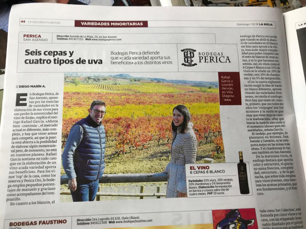 BodegasPerica's tweet photo. En el suplemento especial de #vinos "Al encuentro con la diversidad" publicado ayer en @lariojacom podemos ver a nuestro enólogo, Rafael García, y a nuestra RRPP, Lourdes Hervías, hablando sobre las variedades minoritarias de #rioja, donde destacan el #6cepas6 #blanco. https://t.co/cnLCfQPTYx