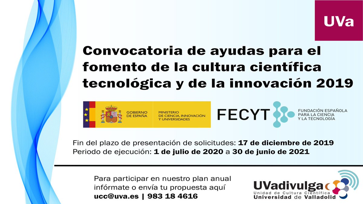 #UVaDivulga prepara un plan para dar a conocer la ciencia de la UVa. Si eres investigador y estás interesado en participar ponte en contacto con nosotros: ucc@uva.es
+ INFO en: cutt.ly/5e9Ib2x