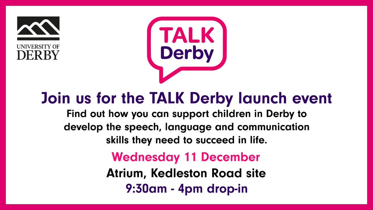 Excited to be hosting a TALK Derby launch event next week. 
Please come along and find out more information about what you can do to support children in our community. Come down at midday to see a Christmas performance by the UoD British Sign Language society.  <a href="/lets_TALKDerby/">TALKDerby</a>